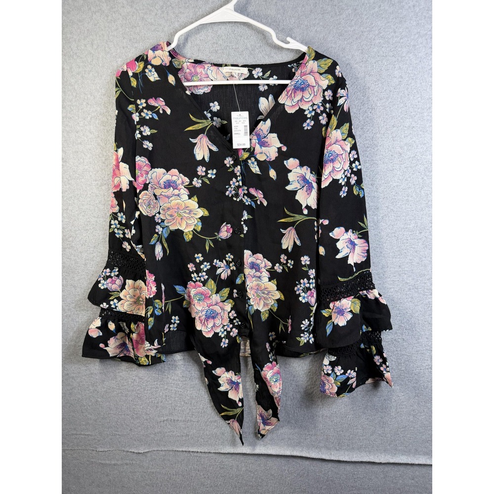 Maurices Blouse Womens Small Black Floral Ruffle Bell Sleeve Tie Front Top